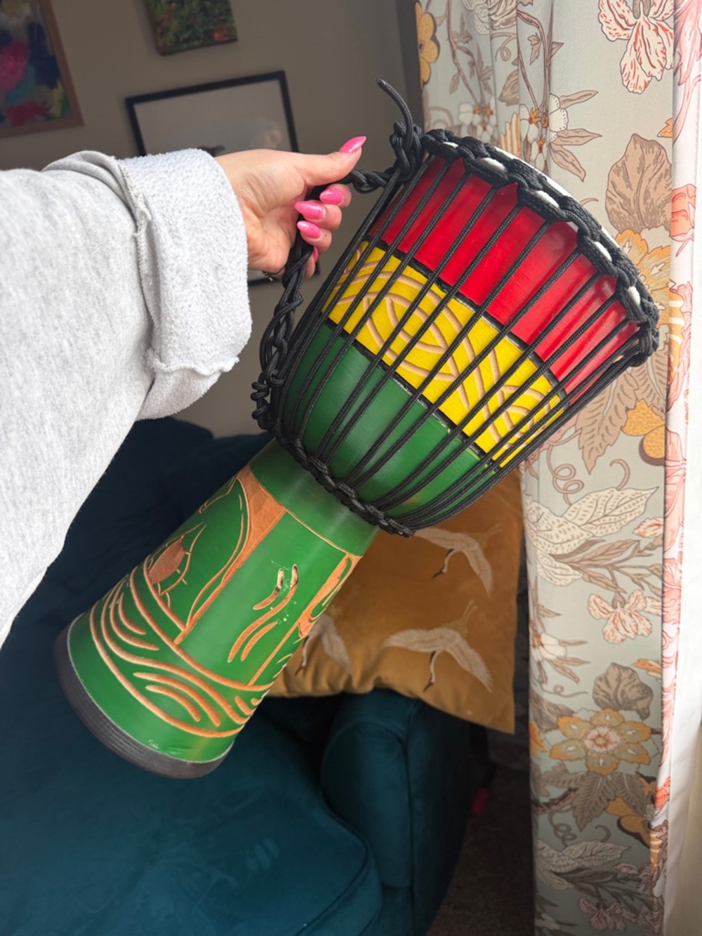 Handcrafted Green, Yellow & Red Decorative Djembe Drum - Wooden